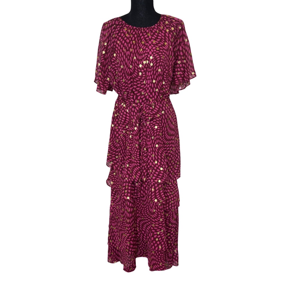 Scoop Pink Gold Foil Polka Dot Tiered Ruffle Maxi Dress Size Large 12-14